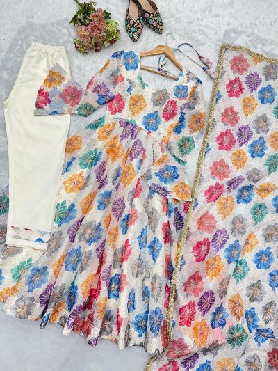 White Multicolor Printed Anarkali Suit Set for Women - BONYHUBSALWAR KAMEEZ
