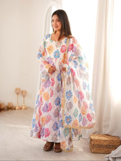 White Multicolor Printed Anarkali Suit Set for Women - BONYHUBSALWAR KAMEEZ