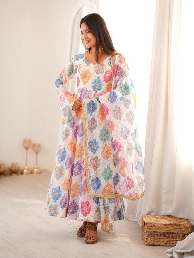White Multicolor Printed Anarkali Suit Set for Women - BONYHUBSALWAR KAMEEZ