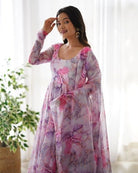 White Multicolour Print Organza Anarkali Suit Set UK Next Day - BONYHUBSALWAR KAMEEZ