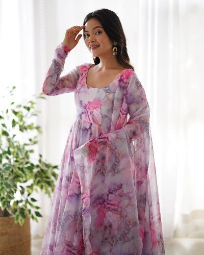 White Multicolour Print Organza Anarkali Suit Set UK Next Day - BONYHUBSALWAR KAMEEZ