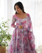 White Multicolour Print Organza Anarkali Suit Set UK Next Day - BONYHUBSALWAR KAMEEZ