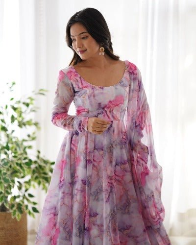 White Multicolour Print Organza Anarkali Suit Set UK Next Day - BONYHUBSALWAR KAMEEZ