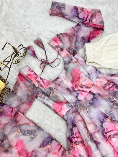 White Multicolour Print Organza Anarkali Suit Set UK Next Day - BONYHUBSALWAR KAMEEZ