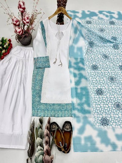 White Natural Silk Embroidery 3 Piece Suit - 3 Colors - BONYHUBSALWAR KAMEEZ