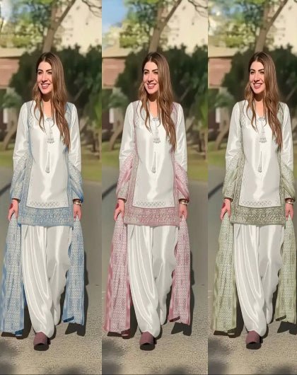 White Natural Silk Embroidery 3 Piece Suit - 3 Colors - BONYHUBSALWAR KAMEEZ