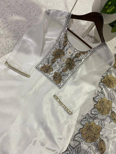 White Organza Embroidery Cut Work Floral Suit Set - BONYHUBSALWAR KAMEEZ