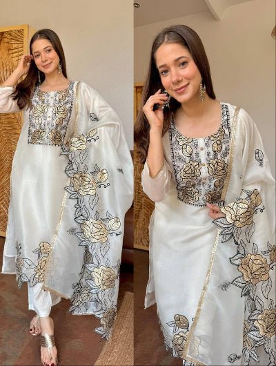 White Organza Embroidery Cut Work Floral Suit Set - BONYHUBSALWAR KAMEEZ