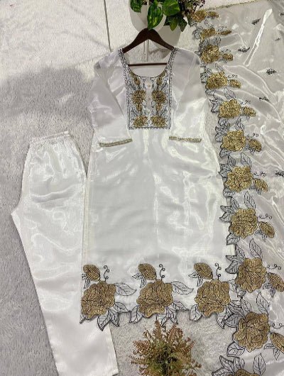 White Organza Embroidery Cut Work Floral Suit Set - BONYHUBSALWAR KAMEEZ