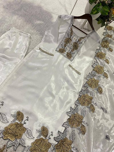 White Organza Embroidery Cut Work Floral Suit Set - BONYHUBSALWAR KAMEEZ