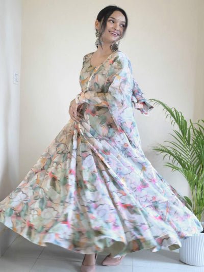 White Organza Tabby Silk Floral Anarkali Gown Suit Set - BONYHUBSALWAR KAMEEZ