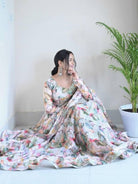 White Organza Tabby Silk Floral Anarkali Gown Suit Set - BONYHUBSALWAR KAMEEZ