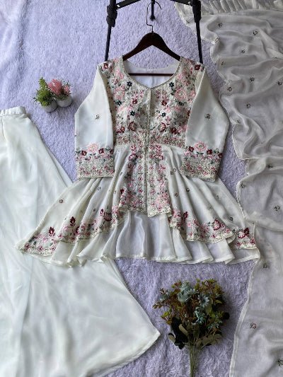 White Peplum Style Embroidery Wedding Suit - BONYHUBSALWAR KAMEEZ