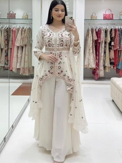 White Peplum Style Embroidery Wedding Suit - BONYHUBSALWAR KAMEEZ