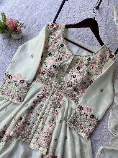 White Peplum Style Embroidery Wedding Suit - BONYHUBSALWAR KAMEEZ