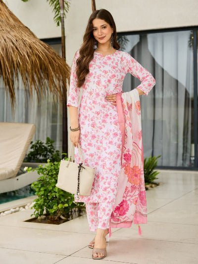 White &amp; Pink Cotton Floral Straight Suit Set - BONYHUBSALWAR KAMEEZ