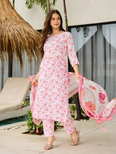 White &amp; Pink Cotton Floral Straight Suit Set - BONYHUBSALWAR KAMEEZ