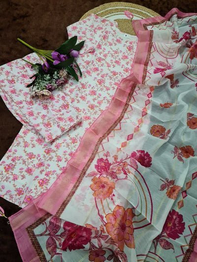 White &amp; Pink Cotton Floral Straight Suit Set - BONYHUBSALWAR KAMEEZ