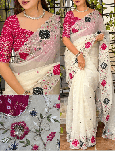 White Pink Embroidery Tissue Sari with Unsticth Blouse pc - BONYHUBSAREE
