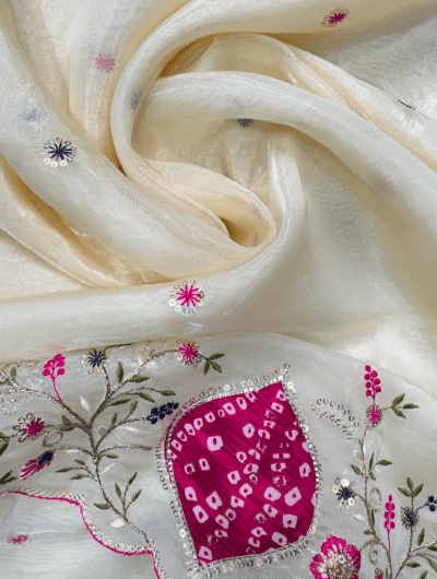 White Pink Embroidery Tissue Sari with Unsticth Blouse pc - BONYHUBSAREE