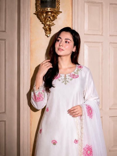 White &amp; Pink Floral Embroidered Farshi Suit - BONYHUBSALWAR KAMEEZ