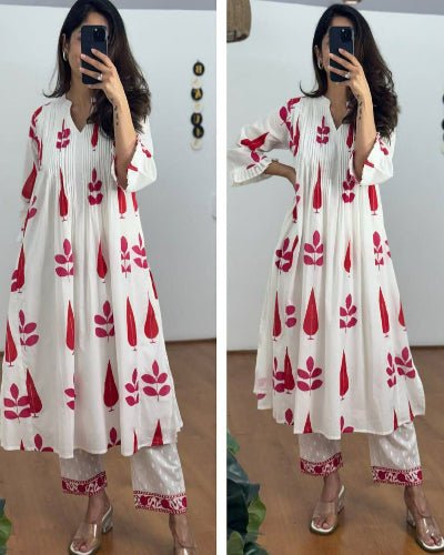 White Pure Mulmul Cotton Kurti Pant Set of 2 UK Next Day - BONYHUBSALWAR KAMEEZ