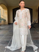 White Pure Organza Silk Printed Farshi Suit Set - BONYHUBSALWAR KAMEEZ