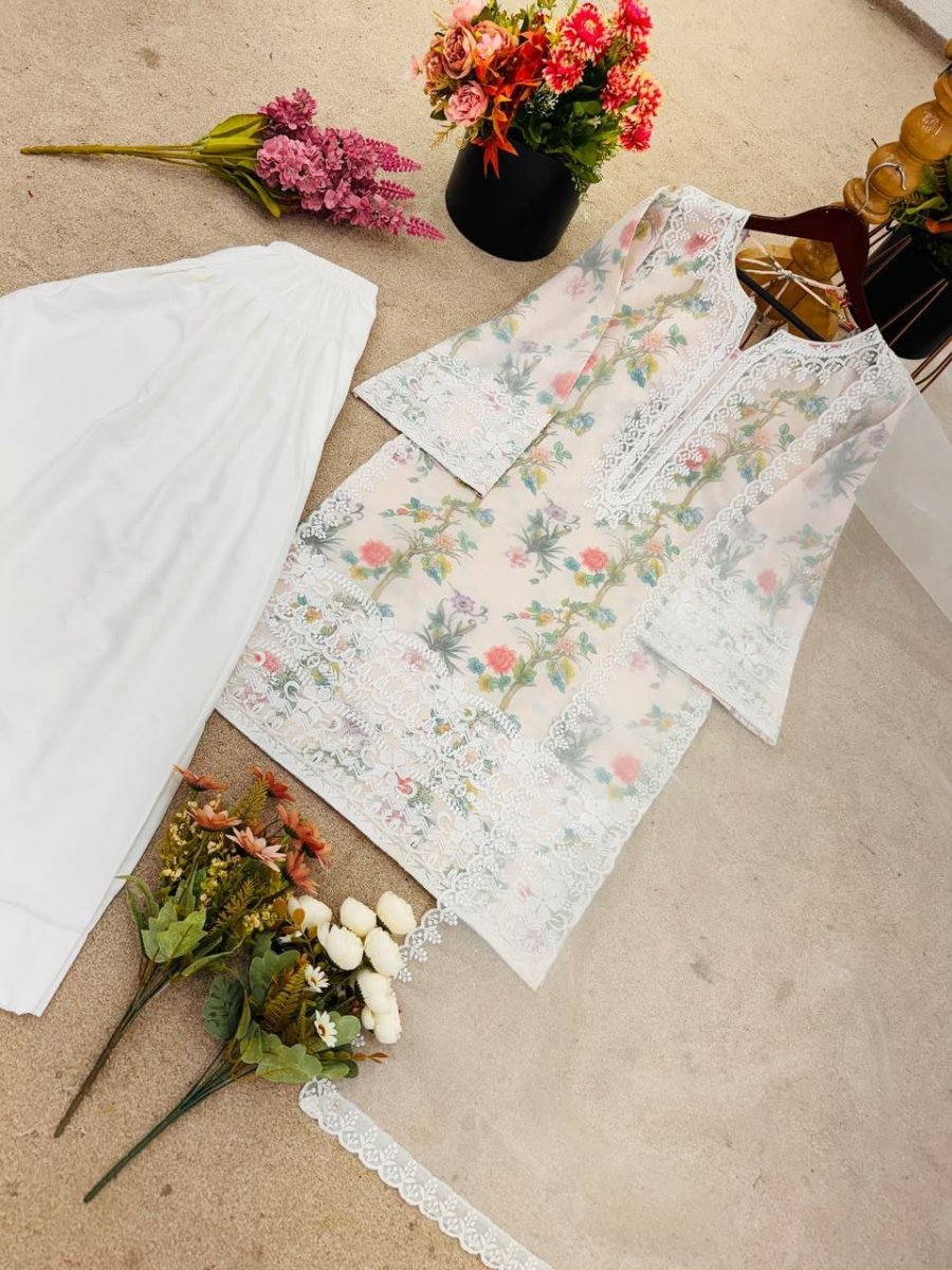 White Pure Organza Silk Printed Farshi Suit Set - BONYHUBSALWAR KAMEEZ