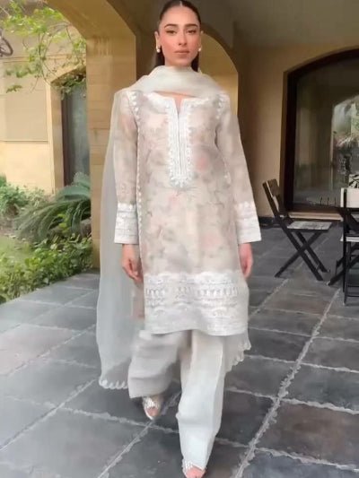 White Pure Organza Silk Printed Farshi Suit Set - BONYHUBSALWAR KAMEEZ