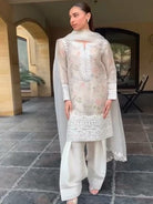 White Pure Organza Silk Printed Farshi Suit Set - BONYHUBSALWAR KAMEEZ