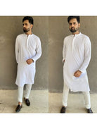 White Rayon Chikankari Men Kurta with Payjama (Set 2) - BONYHUBSALWAR KAMEEZ