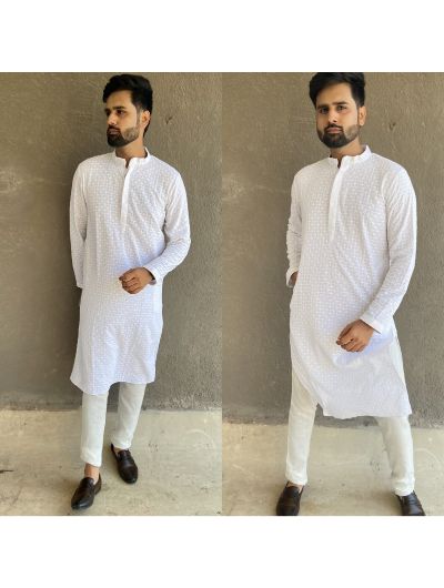 White Rayon Chikankari Men Kurta with Payjama (Set 2) - BONYHUBSALWAR KAMEEZ