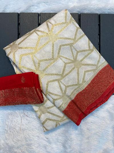 White Red Banarasi Sari Uk Next Day - BONYHUBSAREE