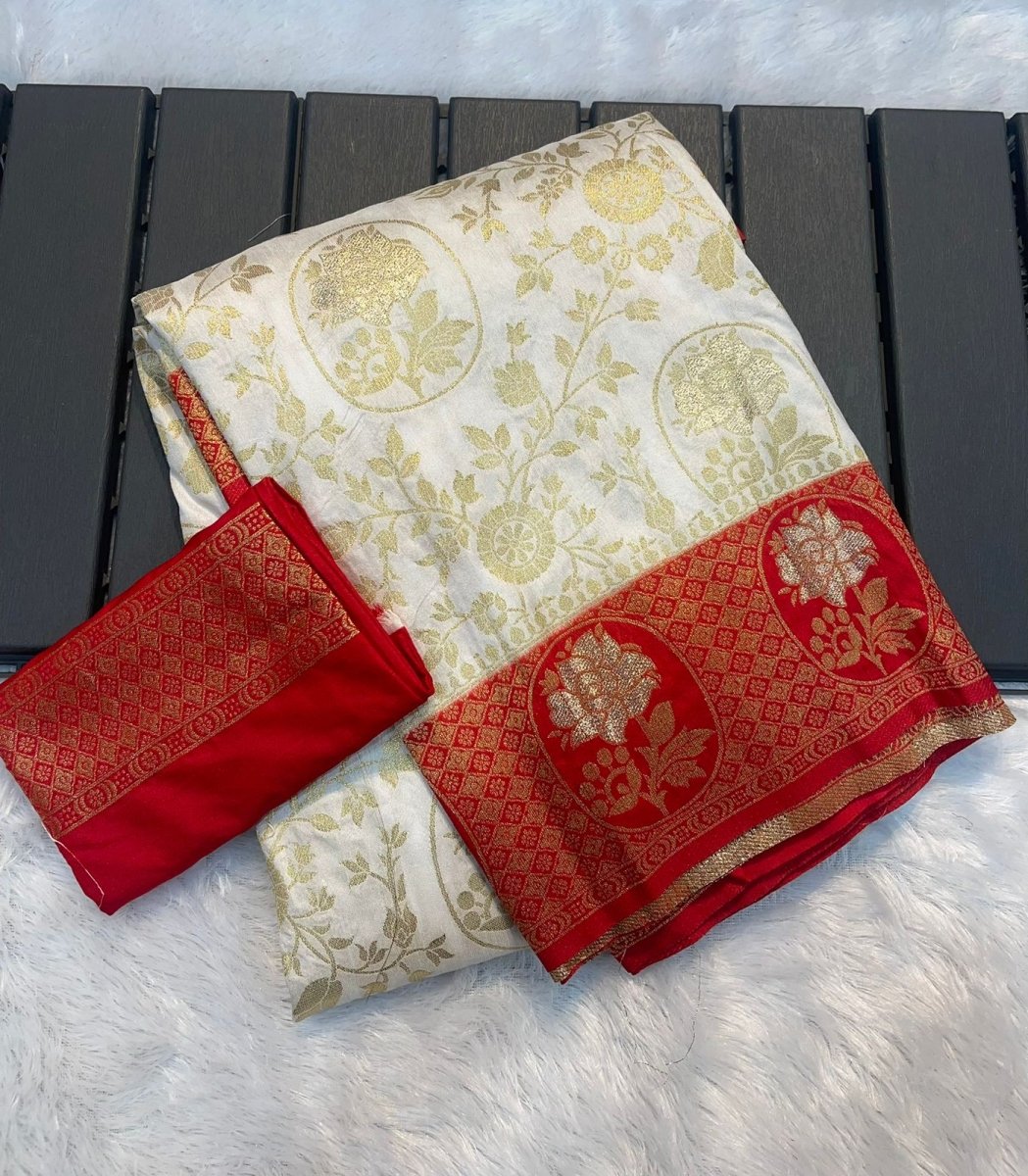 White Red Banarasi Sari Uk Next Day - BONYHUBSAREE