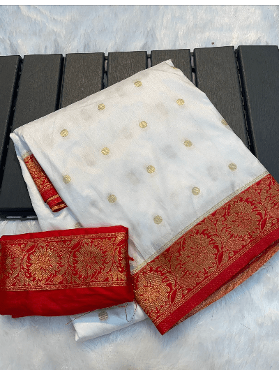 White Red Banarasi Sari Uk Next Day - BONYHUBSAREE