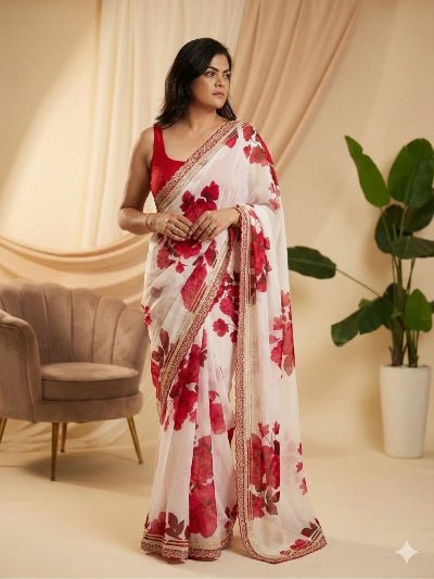 White Red Floral Georgette Sari with Unstitch Blouse piece UK Next Day - BONYHUBSAREE