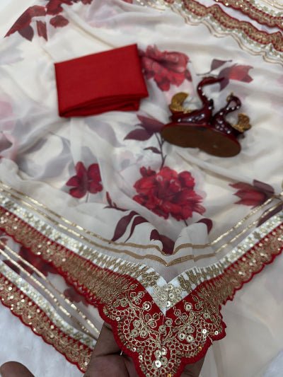 White Red Floral Georgette Sari with Unstitch Blouse piece UK Next Day - BONYHUBSAREE