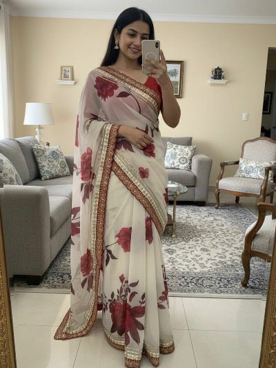 White Red Floral Georgette Sari with Unstitch Blouse piece UK Next Day - BONYHUBSAREE