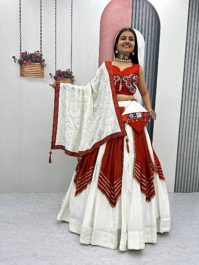White & Red Gamathi work Lehenga Choli Set - BONYHUBSALWAR KAMEEZ