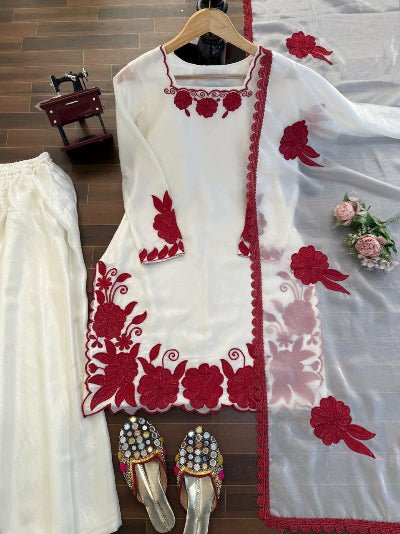 White Red Thread Work Palazzo Sharara Suit - BONYHUBSALWAR KAMEEZ