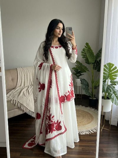 White Red Thread Work Palazzo Sharara Suit - BONYHUBSALWAR KAMEEZ
