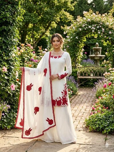 White Red Thread Work Palazzo Sharara Suit - BONYHUBSALWAR KAMEEZ
