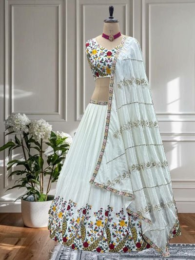White Regal Chinon Thread Work Lehenga Choli Set - BONYHUBSALWAR KAMEEZ