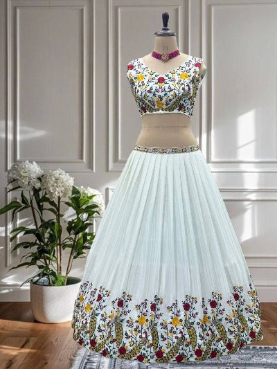 White Regal Chinon Thread Work Lehenga Choli Set - BONYHUBSALWAR KAMEEZ