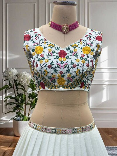 White Regal Chinon Thread Work Lehenga Choli Set - BONYHUBSALWAR KAMEEZ