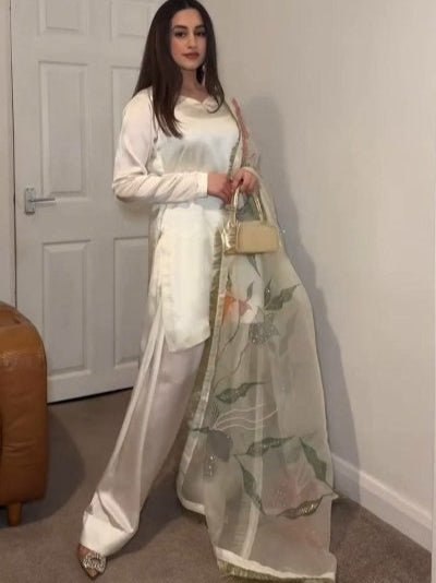 White Satin Silk Farshi Salwar Suit With Organza Dupatta UK Next Day - BONYHUBSALWAR KAMEEZ