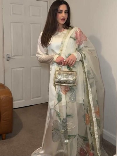 White Satin Silk Farshi Salwar Suit With Organza Dupatta UK Next Day - BONYHUBSALWAR KAMEEZ