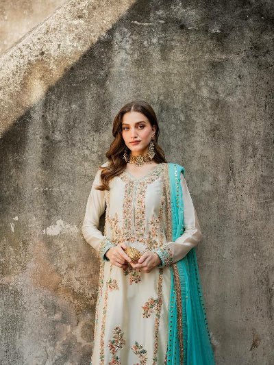 White &amp; Seablue Embroidery Moti Work Straight Suit - BONYHUBSALWAR KAMEEZ