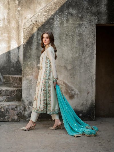 White &amp; Seablue Embroidery Moti Work Straight Suit - BONYHUBSALWAR KAMEEZ