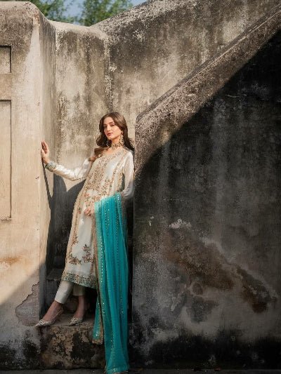 White &amp; Seablue Embroidery Moti Work Straight Suit - BONYHUBSALWAR KAMEEZ